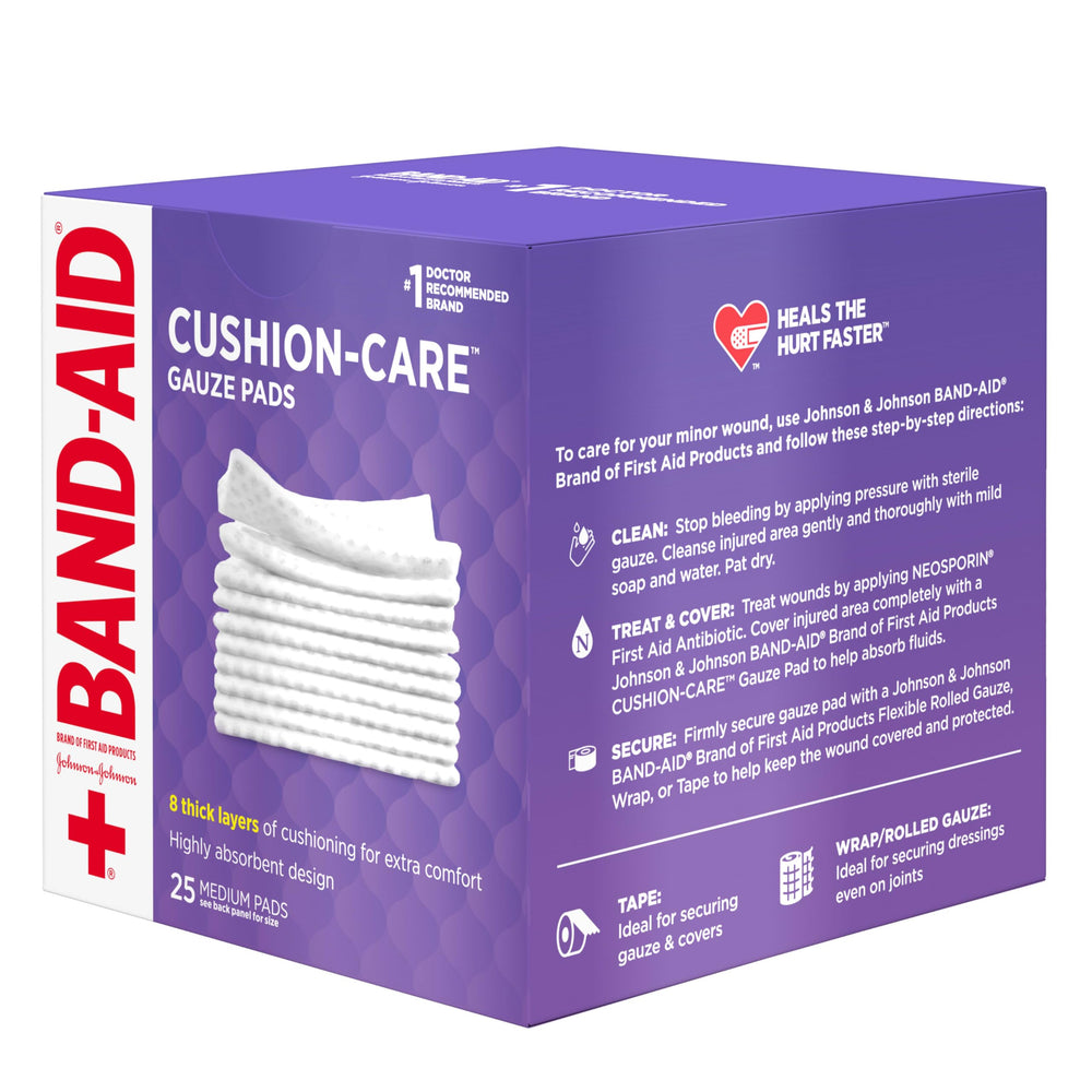 Sterile 25-count Cushion-Care gauze pads from Band-Aid for first aid readiness