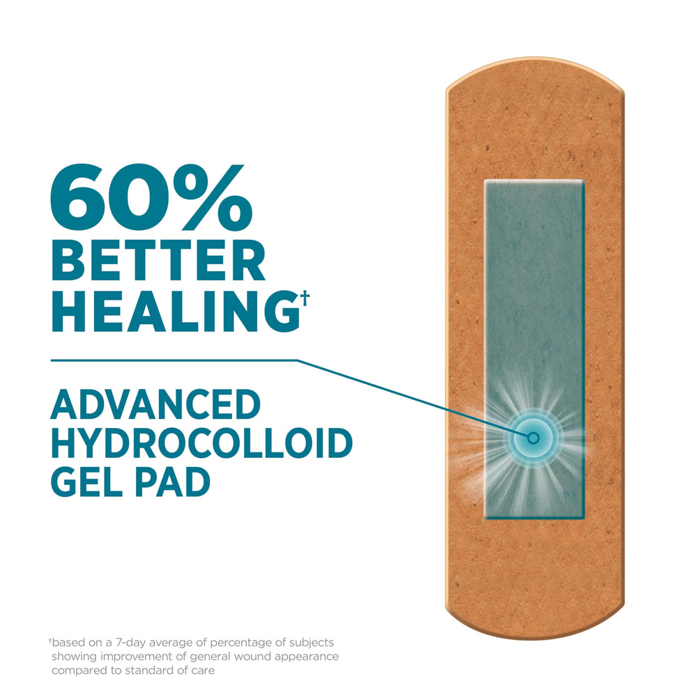 Band-Aid Brand Pro Heal bandage applying seal to skin for shower-proof protection.