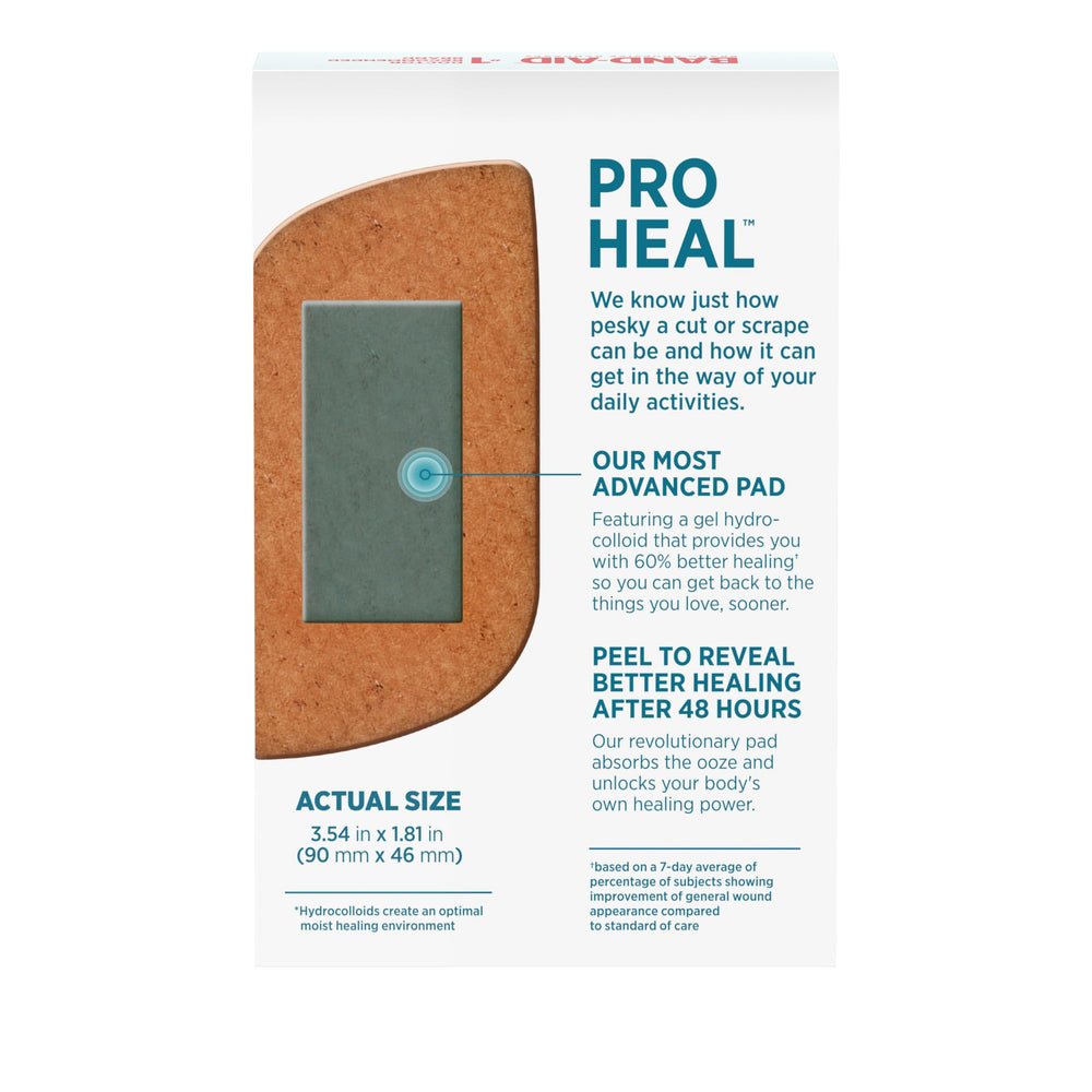 Individually wrapped Band-Aid Pro Heal bandages for home or kit use