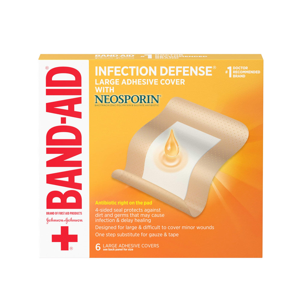 Band-Aid Infection Defense adhesive wound covers protect large wounds with a four-sided seal.