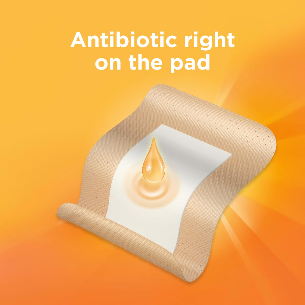 Band-Aid Infection Defense shows Neosporin on the pad for ready-to-use antibiotic protection.