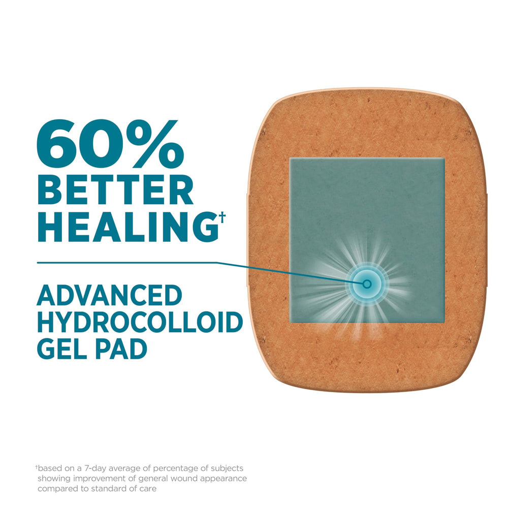 Band-Aid Pro Heal hydrocolloid pad close-up balancing moisture for healing.
