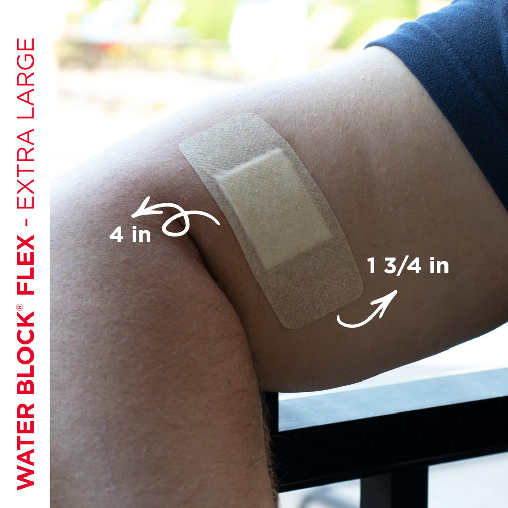 Band-Aid Water Block Flex four sided adhesive keeps pad dry and in place.