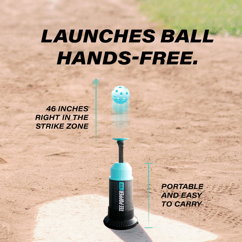 Bandit Sports Tee Popper Mini demonstrates safe, pitcher-free practice.