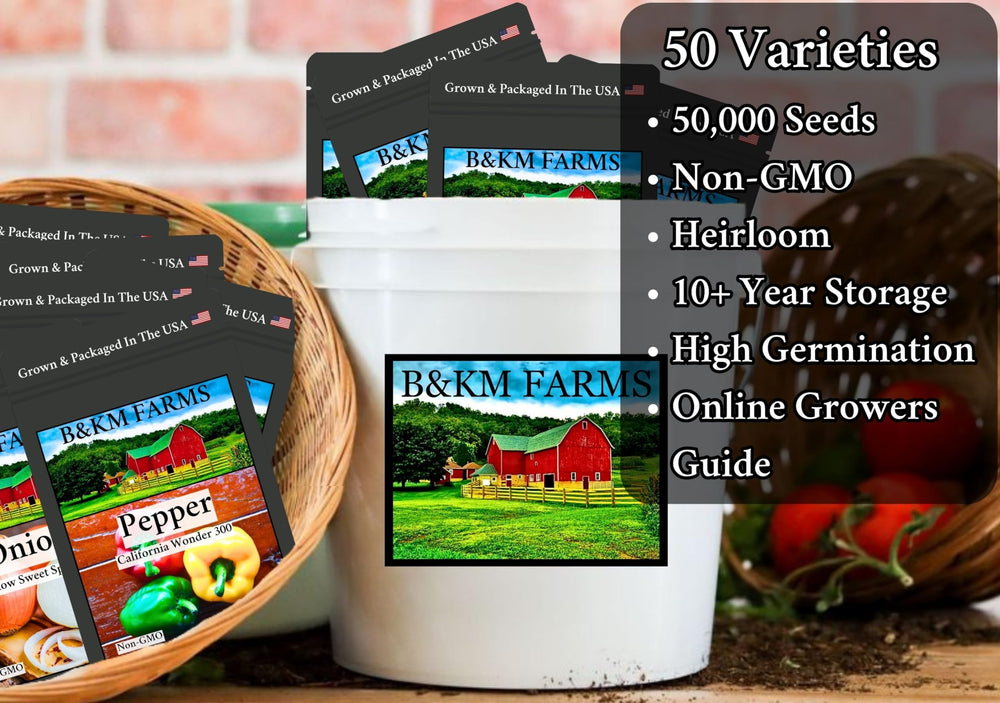 B&KM Farms weatherproof bucket protects seeds through seasons and storage conditions.
