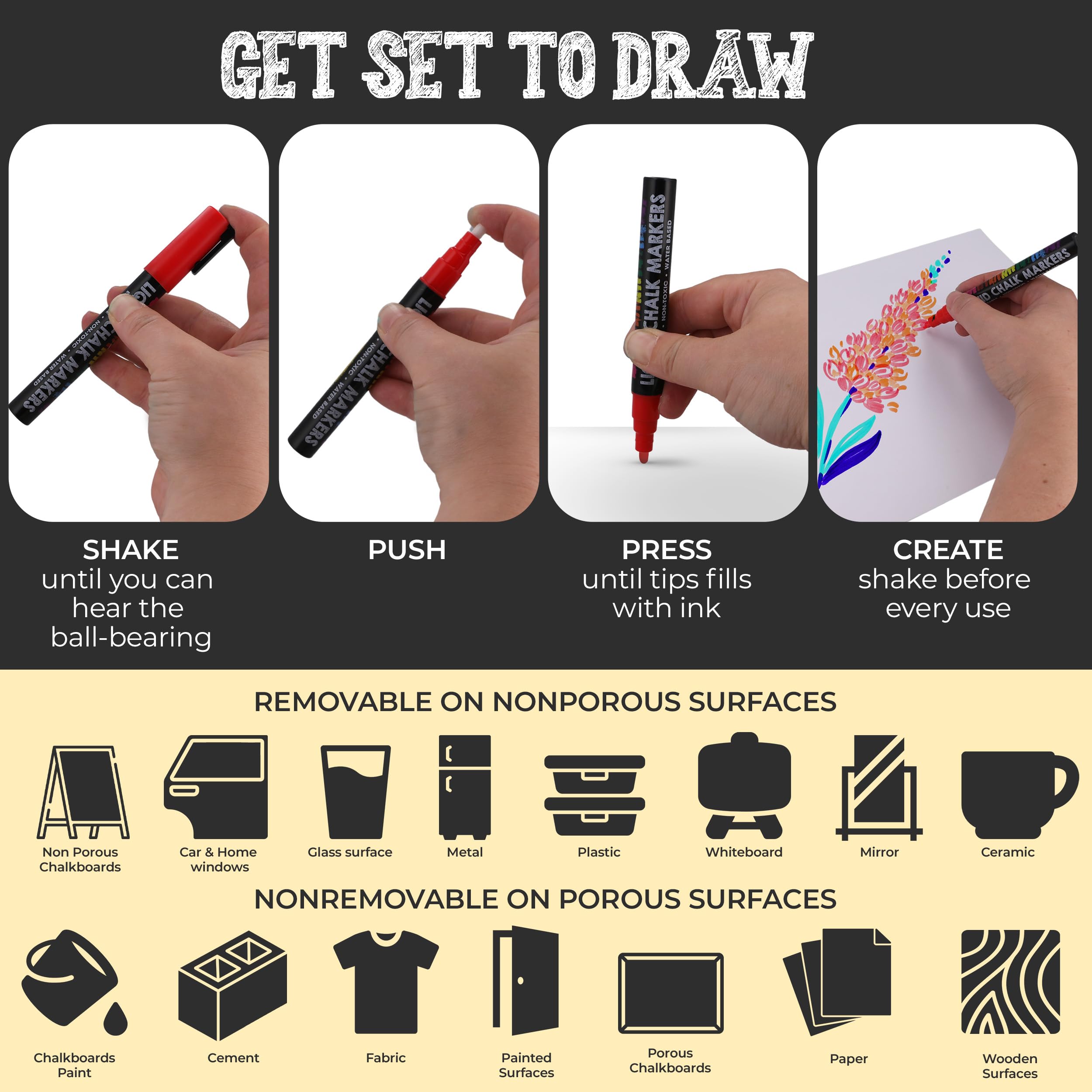 Bandle B. Chalk Markers shown on glass and chalkboards for flexible use.