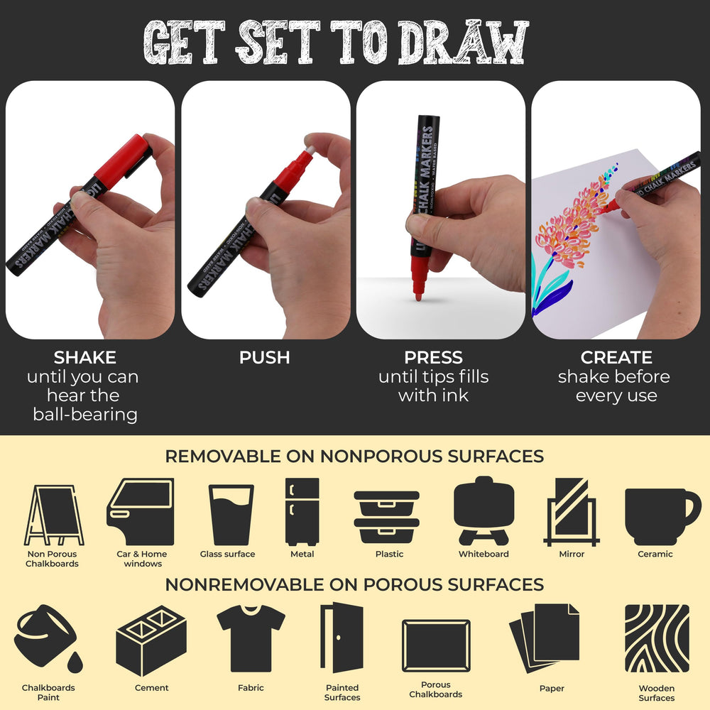 Bandle B. Chalk Markers shown on glass and chalkboards for flexible use.
