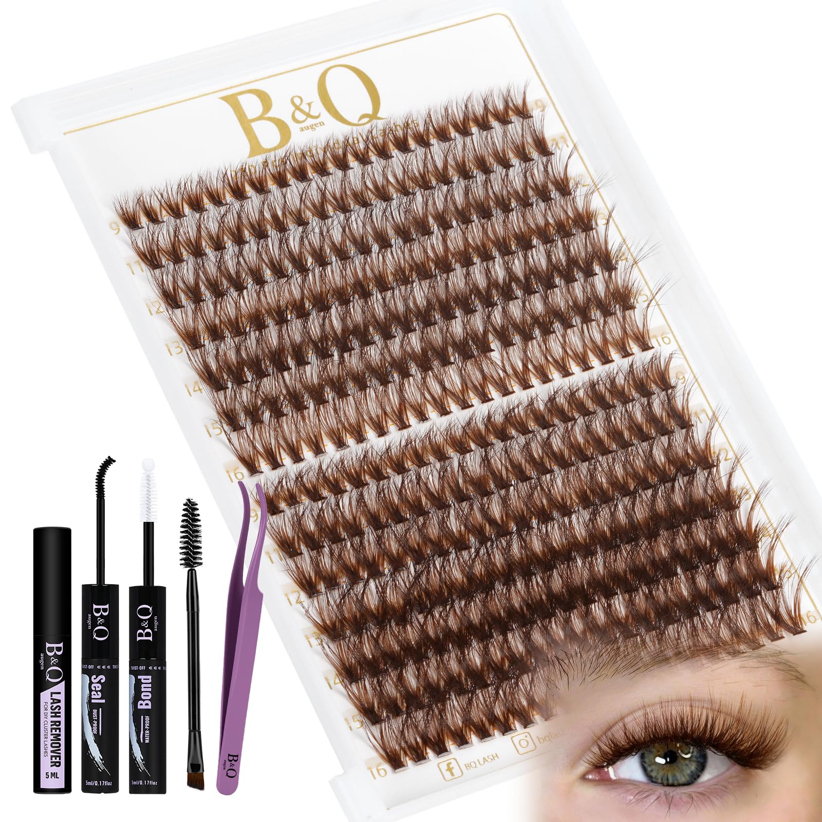 B&Qaugen Mocha Brown Lash Clusters Kit box displays organized contents.