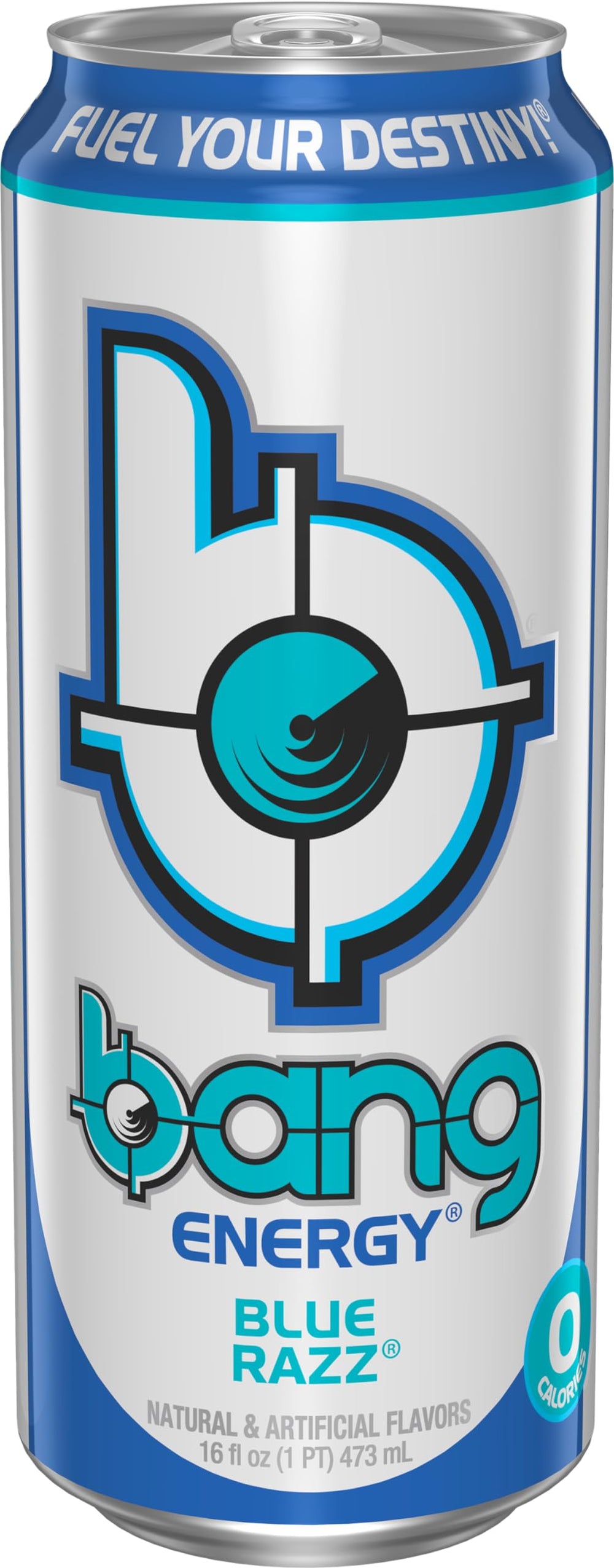 Bang Energy Blue Razz can tilted to show 300 mg caffeine content