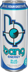 Bang Energy Blue Razz can tilted to show 300 mg caffeine content