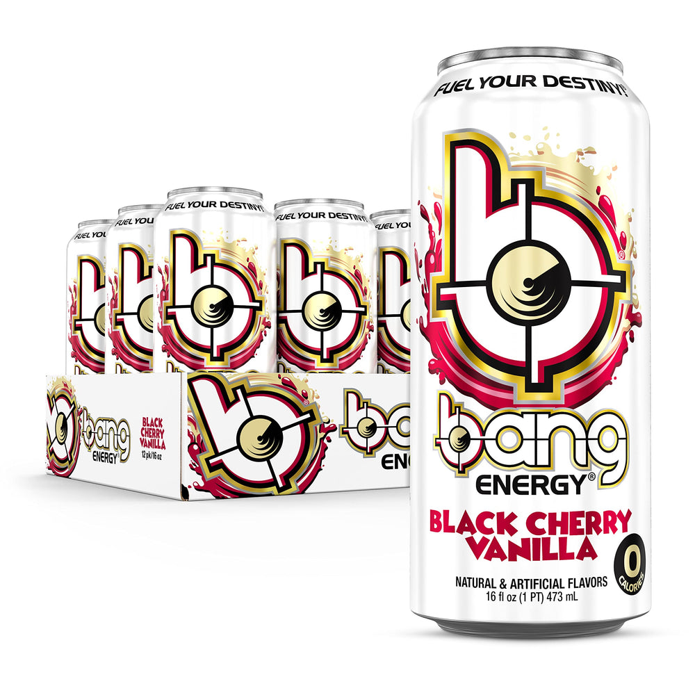 Bang Energy Black Cherry Vanilla label close-up highlights zero sugar formula.