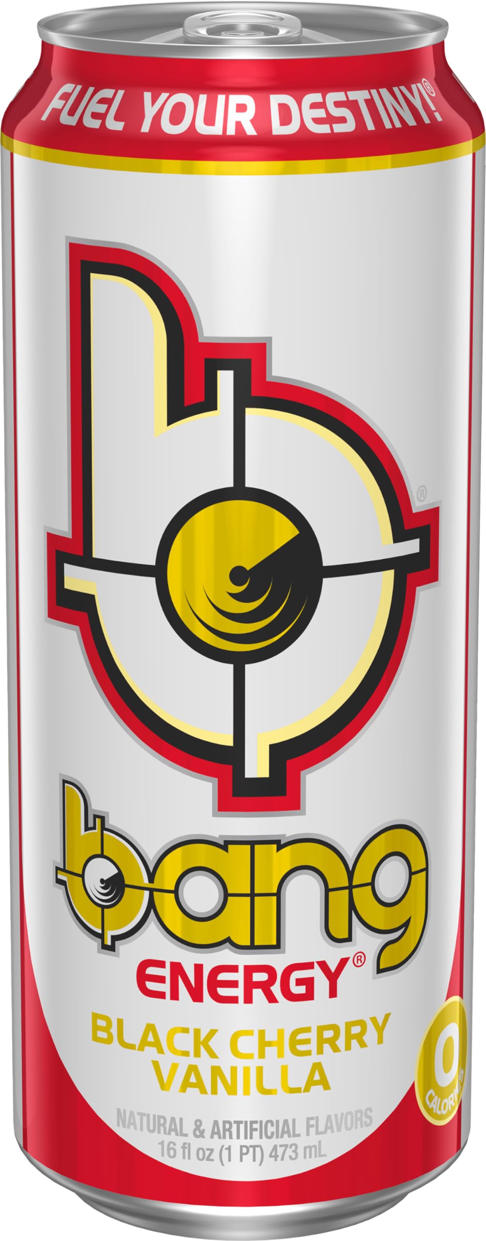 Bang Energy Black Cherry Vanilla label close-up emphasizes flavor profile and design.
