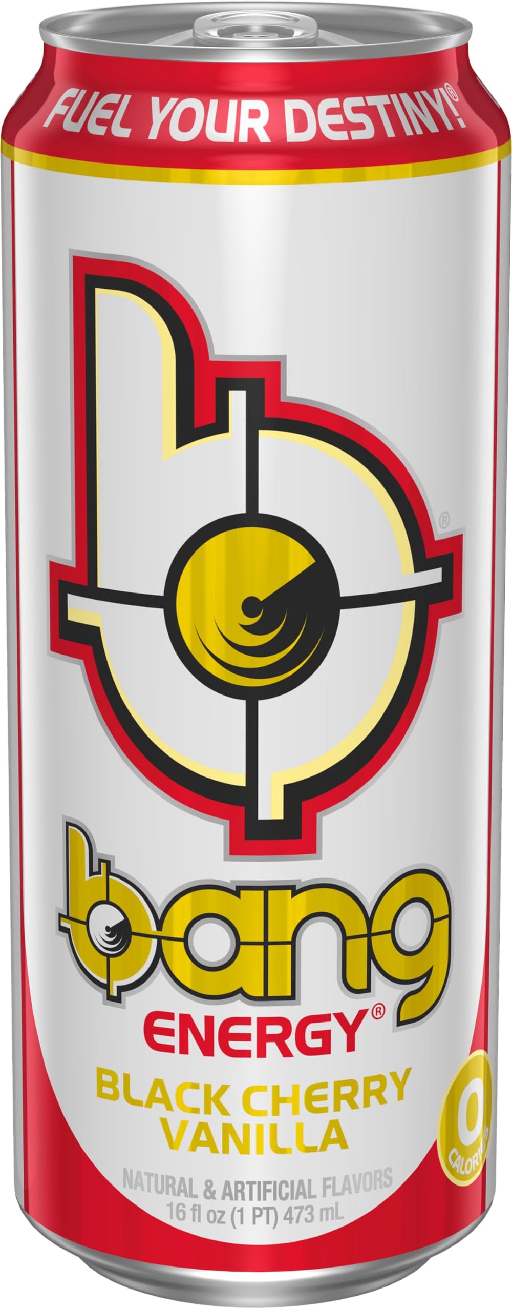 Bang Energy Black Cherry Vanilla label close-up emphasizes flavor profile and design.
