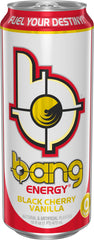 Bang Energy Black Cherry Vanilla label close-up emphasizes flavor profile and design.
