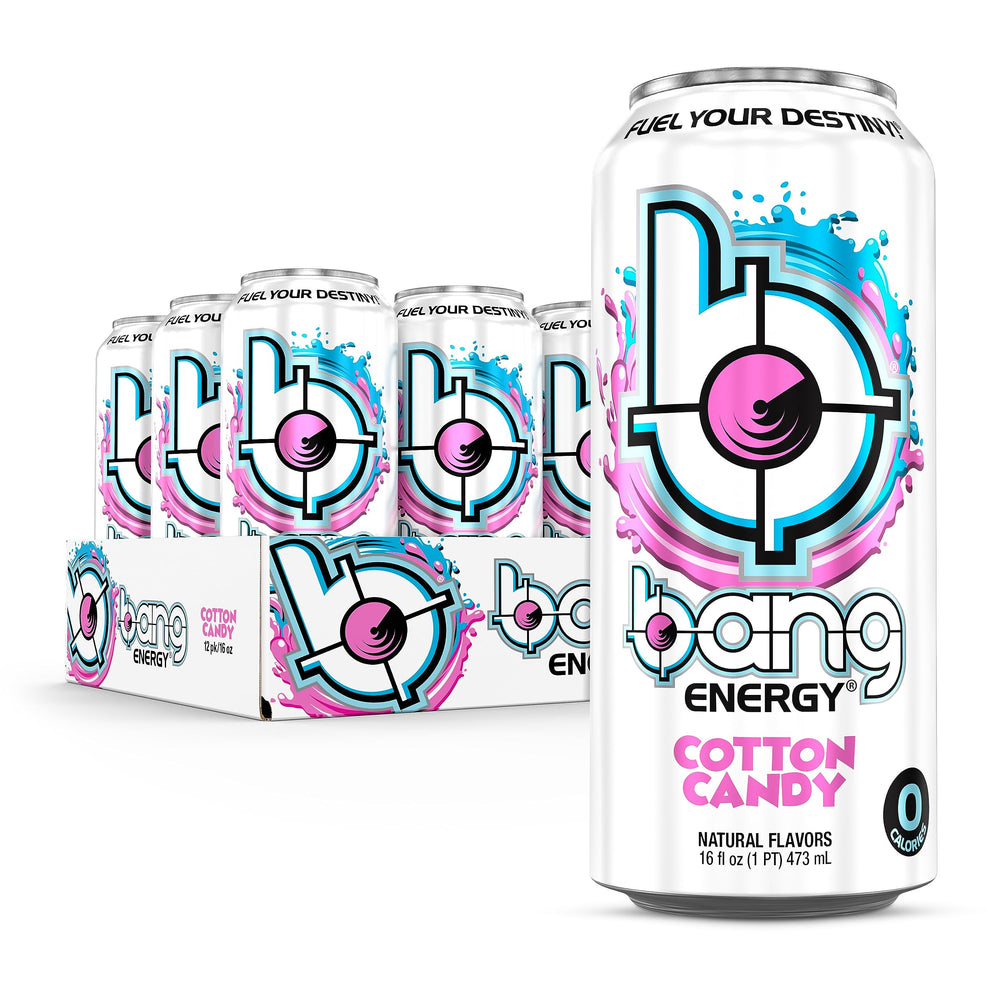 Bang Energy Cotton Candy can with bold branding offering a sugar-free energy boost