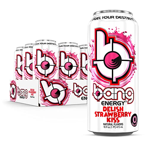 Bang Energy Delish Strawberry Kiss label close-up highlighting design and zero-sugar claim.