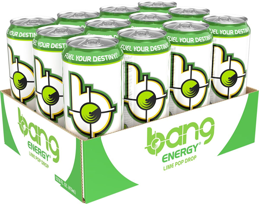 Bang Energy Lime Pop Drop can side view highlighting caffeine boost for busy days