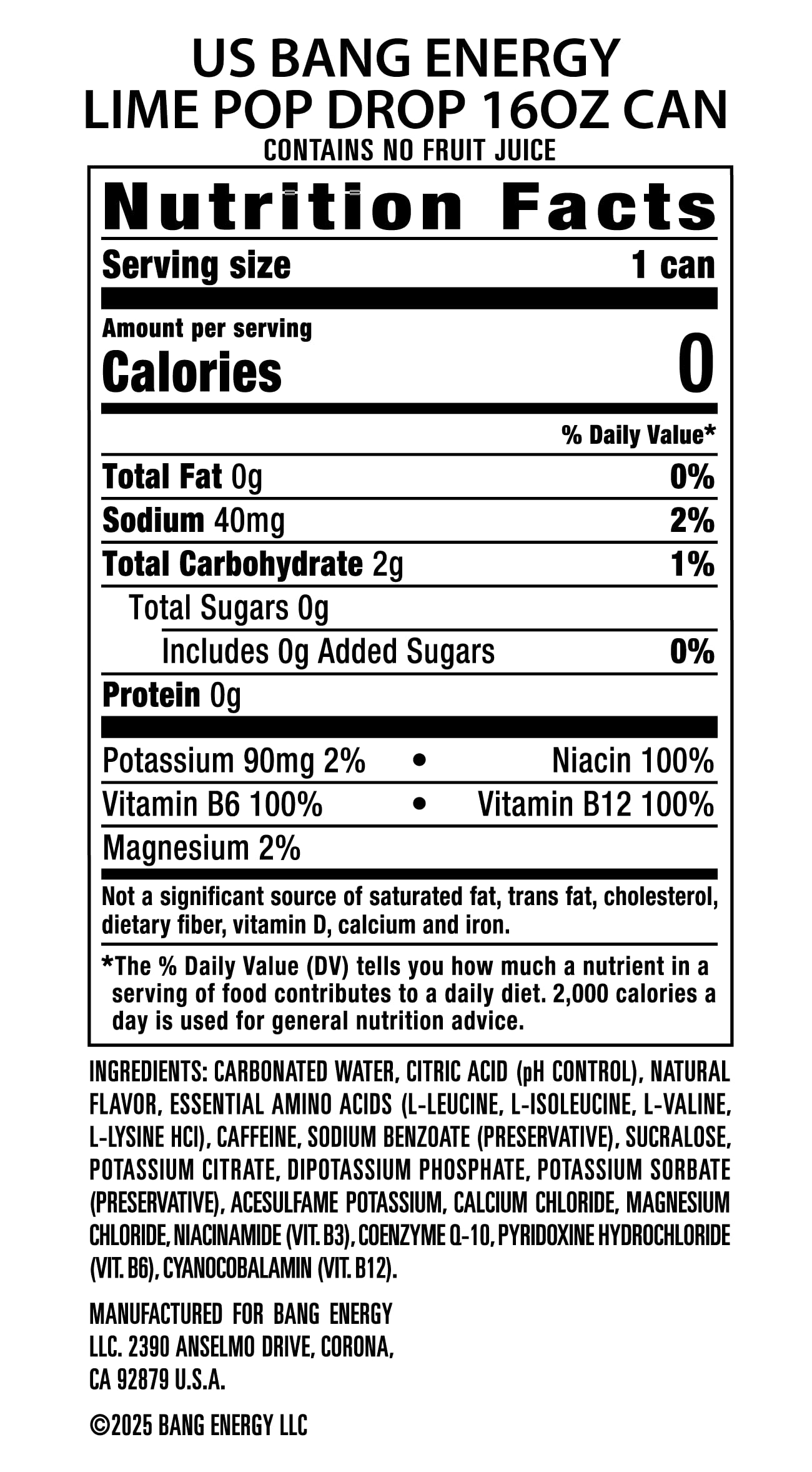 Bang Energy Lime Pop Drop ingredients list with CoQ10 and amino acids