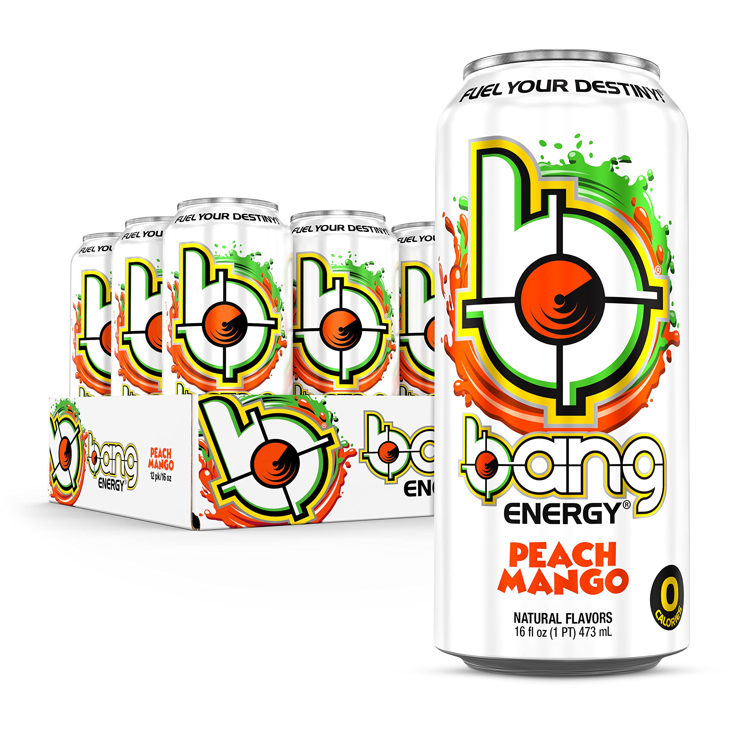 Bang Energy Peach Mango can front view showing bold flavor and zero sugar energy