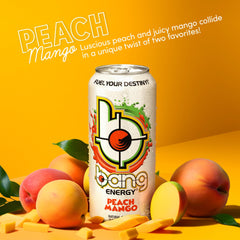 Bang Energy Peach Mango can opening with pour into glass for quick energy