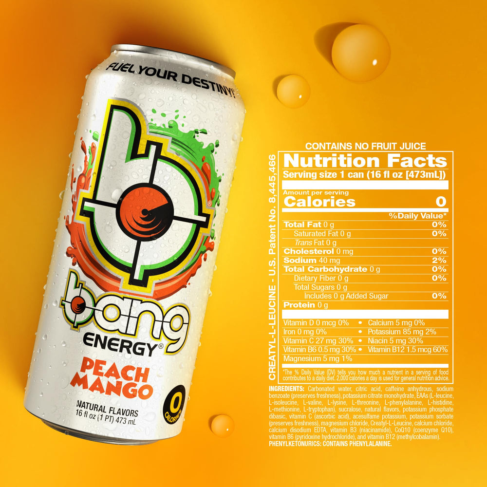 Bang Energy Peach Mango can nutrition panel emphasizing gluten-free and vegan-friendly formula