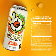 Bang Energy Peach Mango can nutrition panel emphasizing gluten-free and vegan-friendly formula