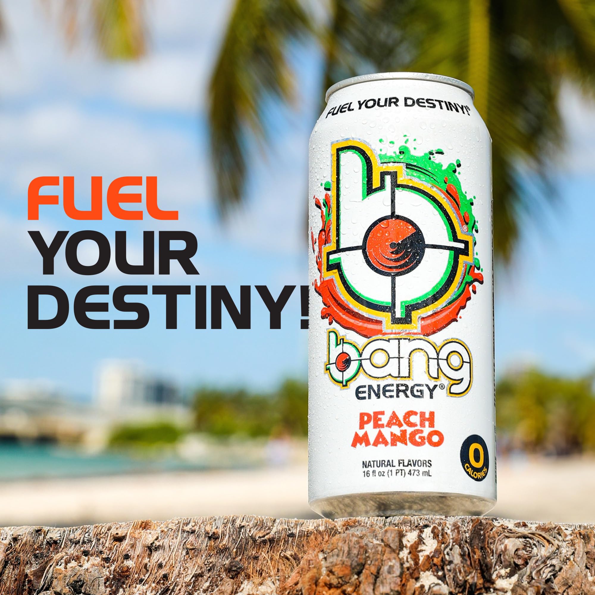 Bang Energy Peach Mango can highlight CoQ10 and EAAs on label