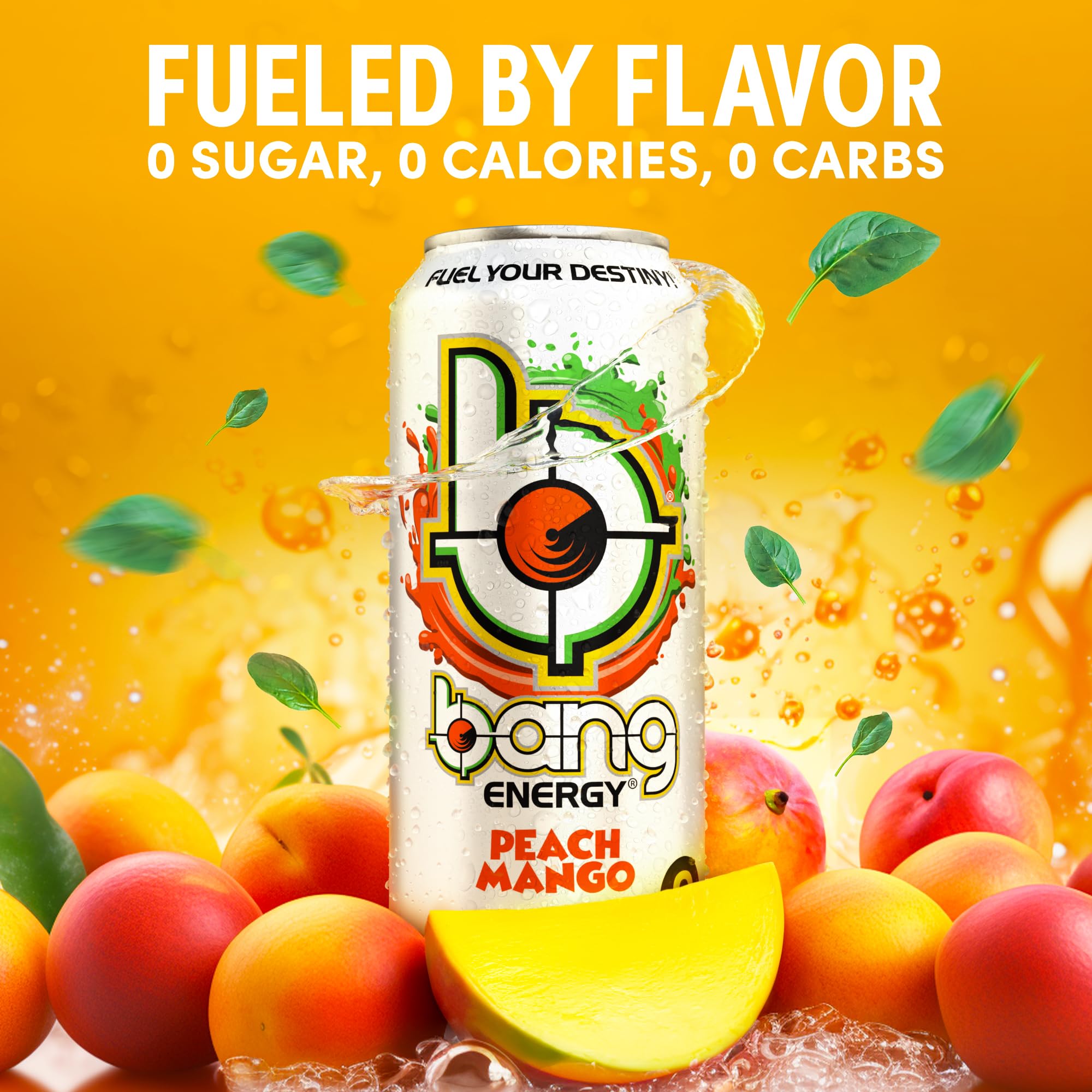 Bang Energy Peach Mango serving glass captures refreshing moment with zero calories