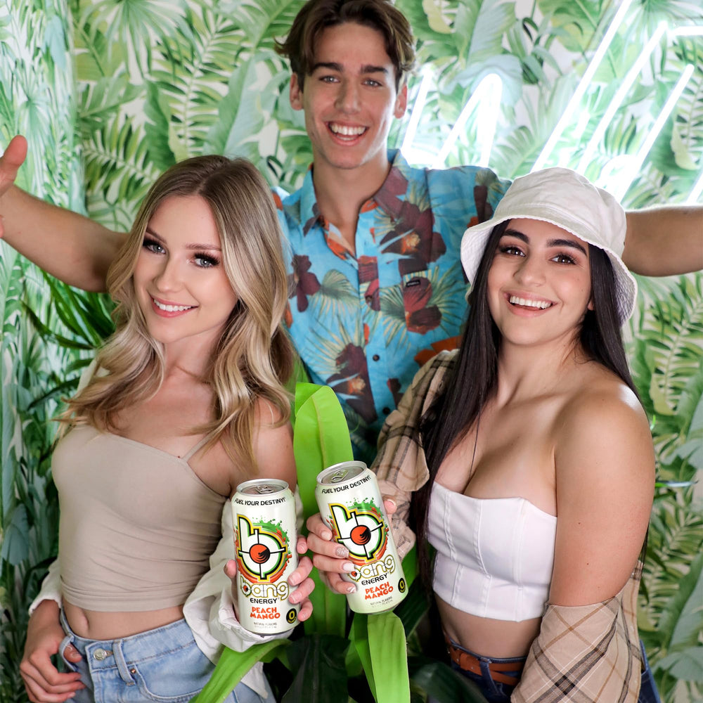 Bang Energy Peach Mango ingredients close-up shows EAAs and natural flavor notes