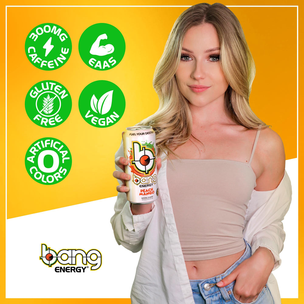 Bang Energy Peach Mango packaging box shot for pantry purchase and value