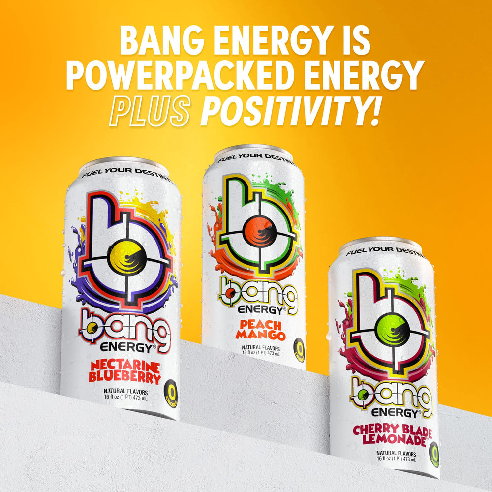 Bang Energy Peach Mango can close-up indicates zero carbs and no artificial colors