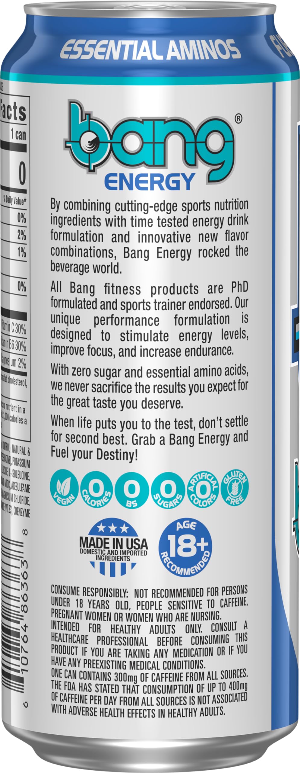 Bang Energy Star Blast nutrition panel highlighting zero carbs and zero calories.