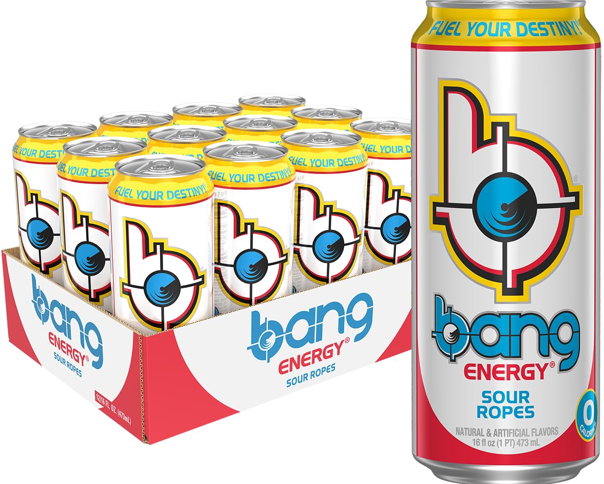 Bang Sour Ropes bottle pour highlights refreshing zero-sugar energy for workouts.