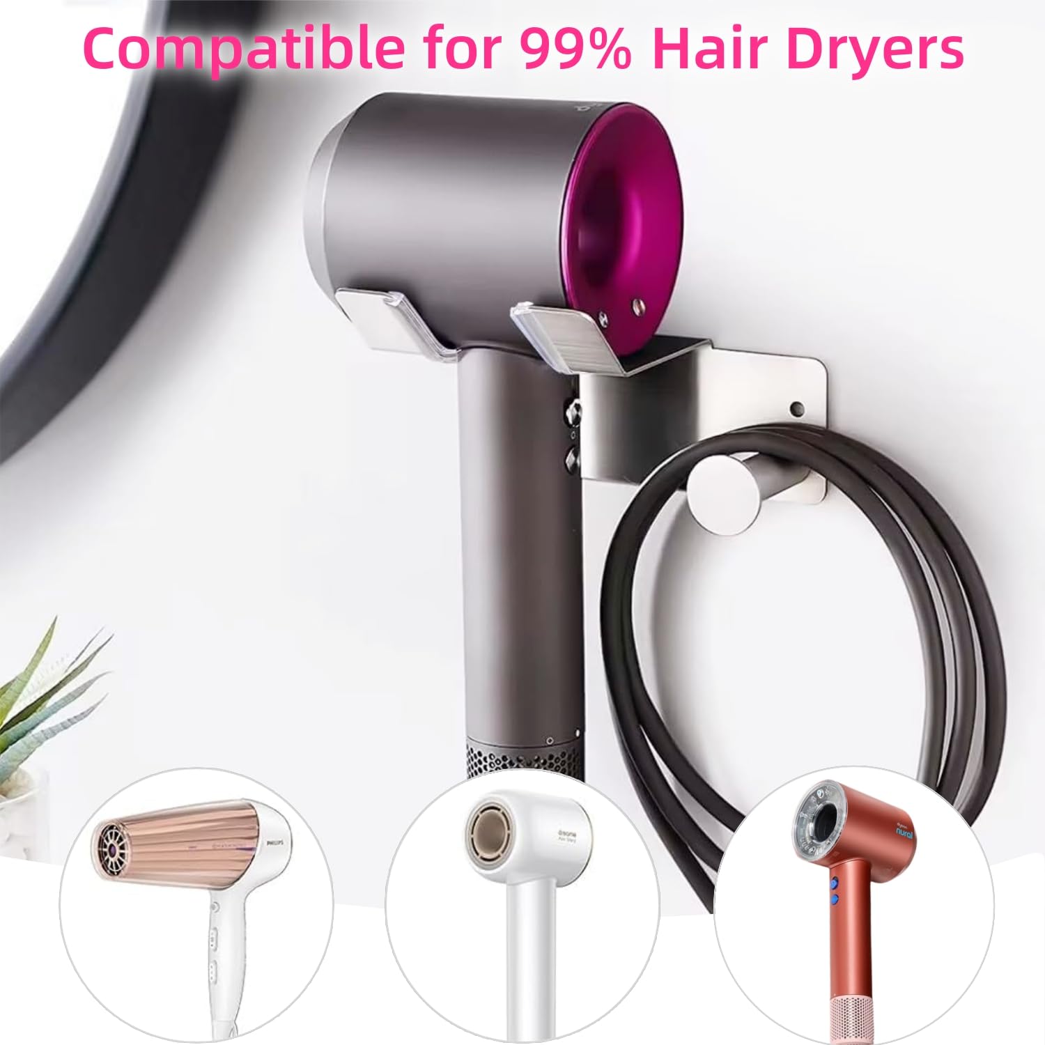 BANJEKT self-adhesive hair dryer bracket offers easy drill-free setup.