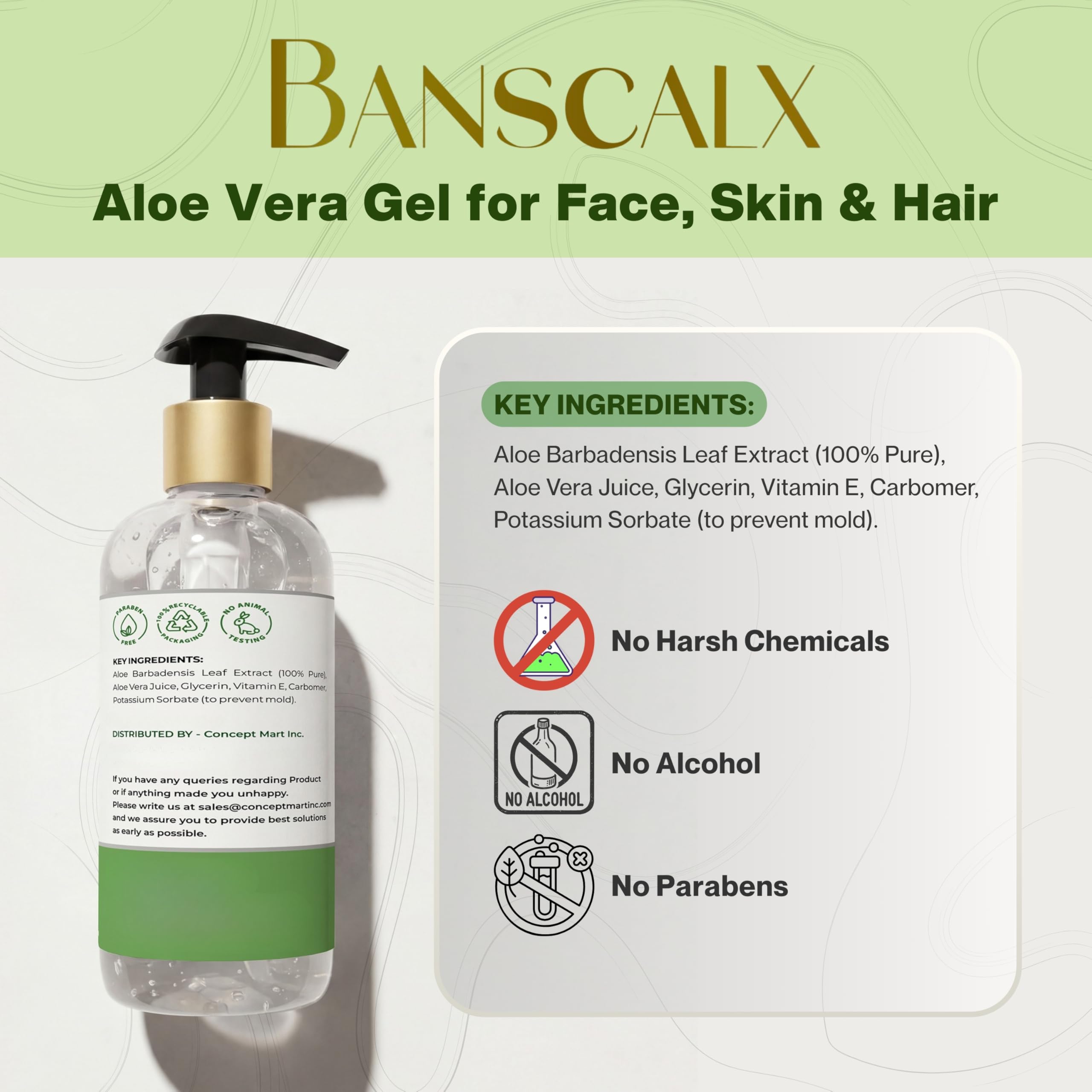 BANSCALX Aloe Vera Gel alcohol-free formula gentle for sensitive skin.