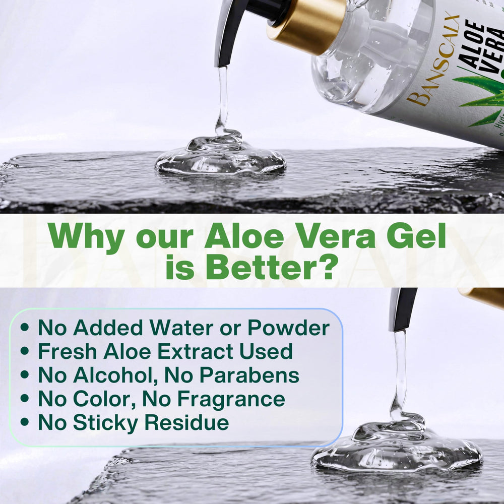 BANSCALX Aloe Vera Gel used on face, body, and hair for soothing moisture.
