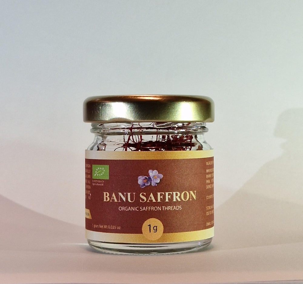 Banu Saffron saffron threads closeup highlighting vibrant color for dishes.