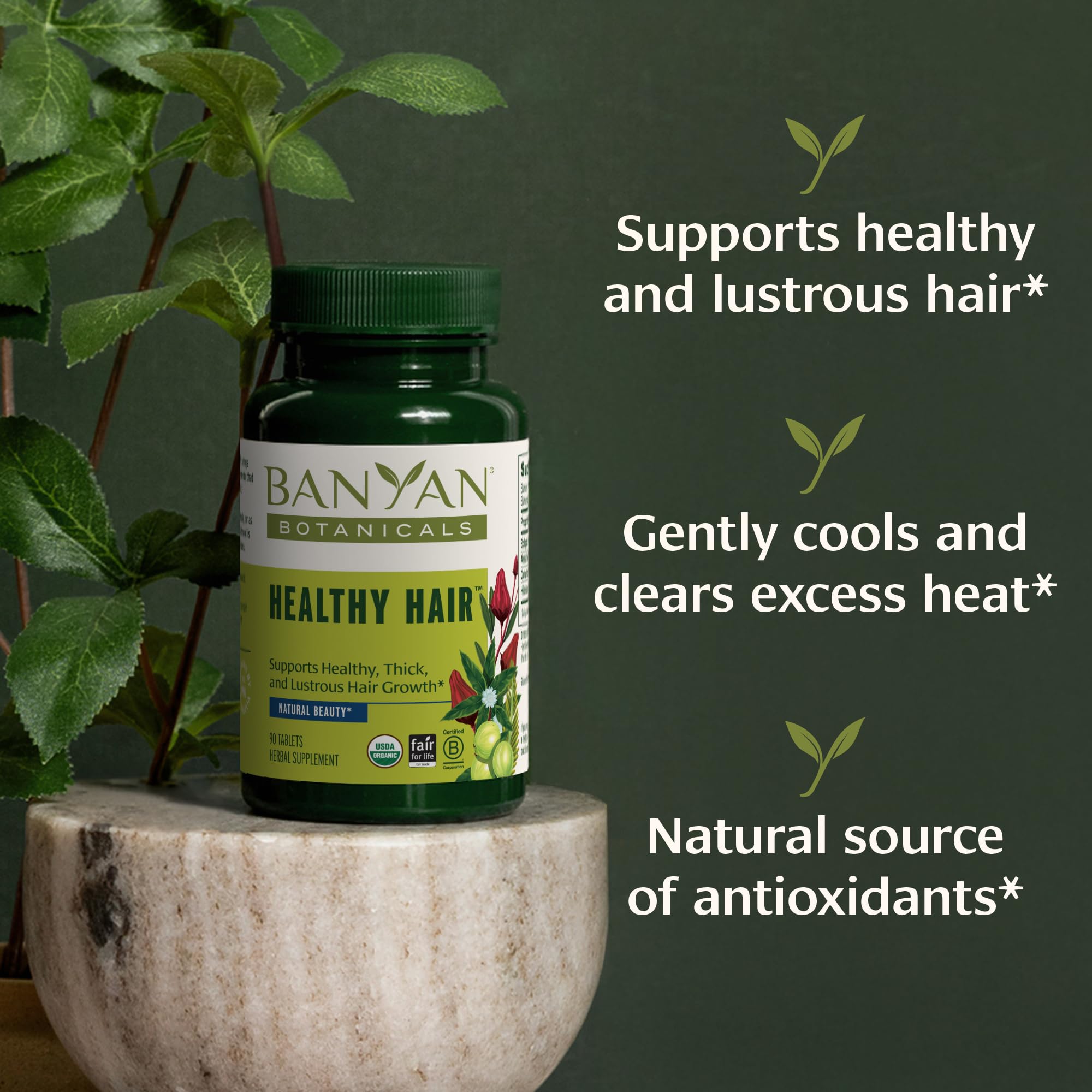 Healthy hair routine setup featuring Banyan Botanicals.