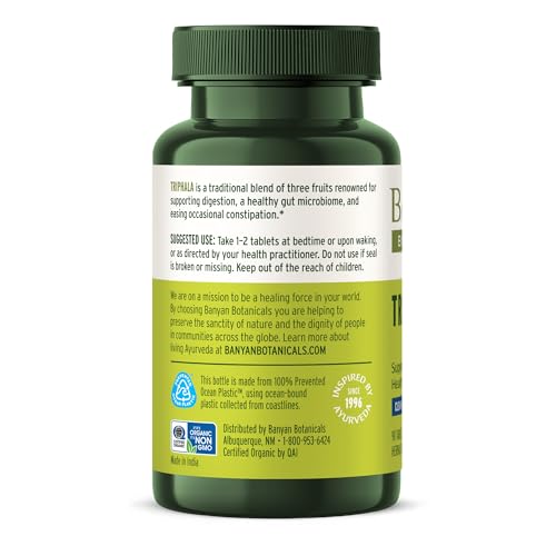 Banyan Botanicals Triphala packaging appears eco-friendly and sustainably sourced.