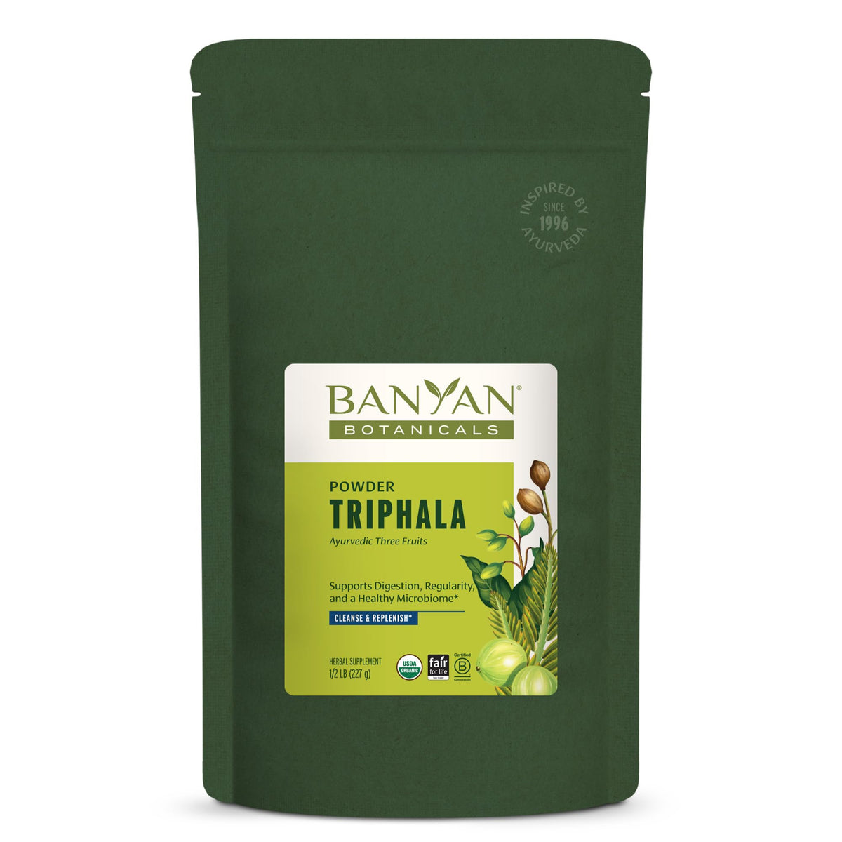 Banyan Botanicals Triphala powder jar closeup for daily digestive support