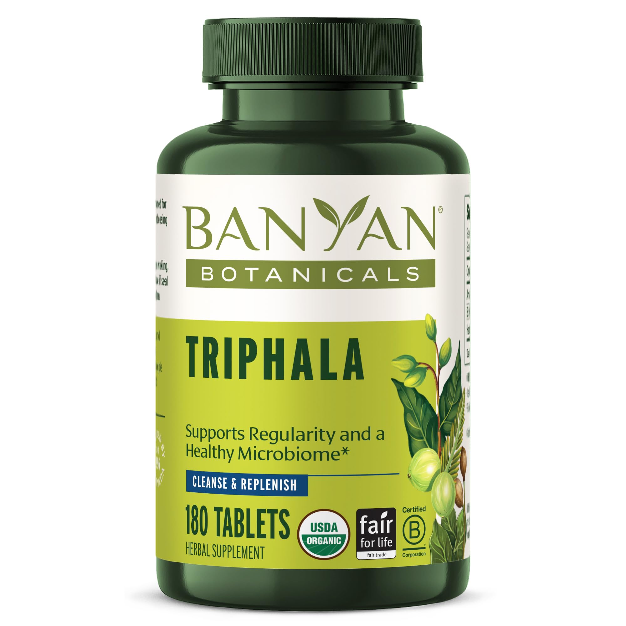 Banyan Botanicals Triphala tablets bottle showing label for gentle daily detox support.