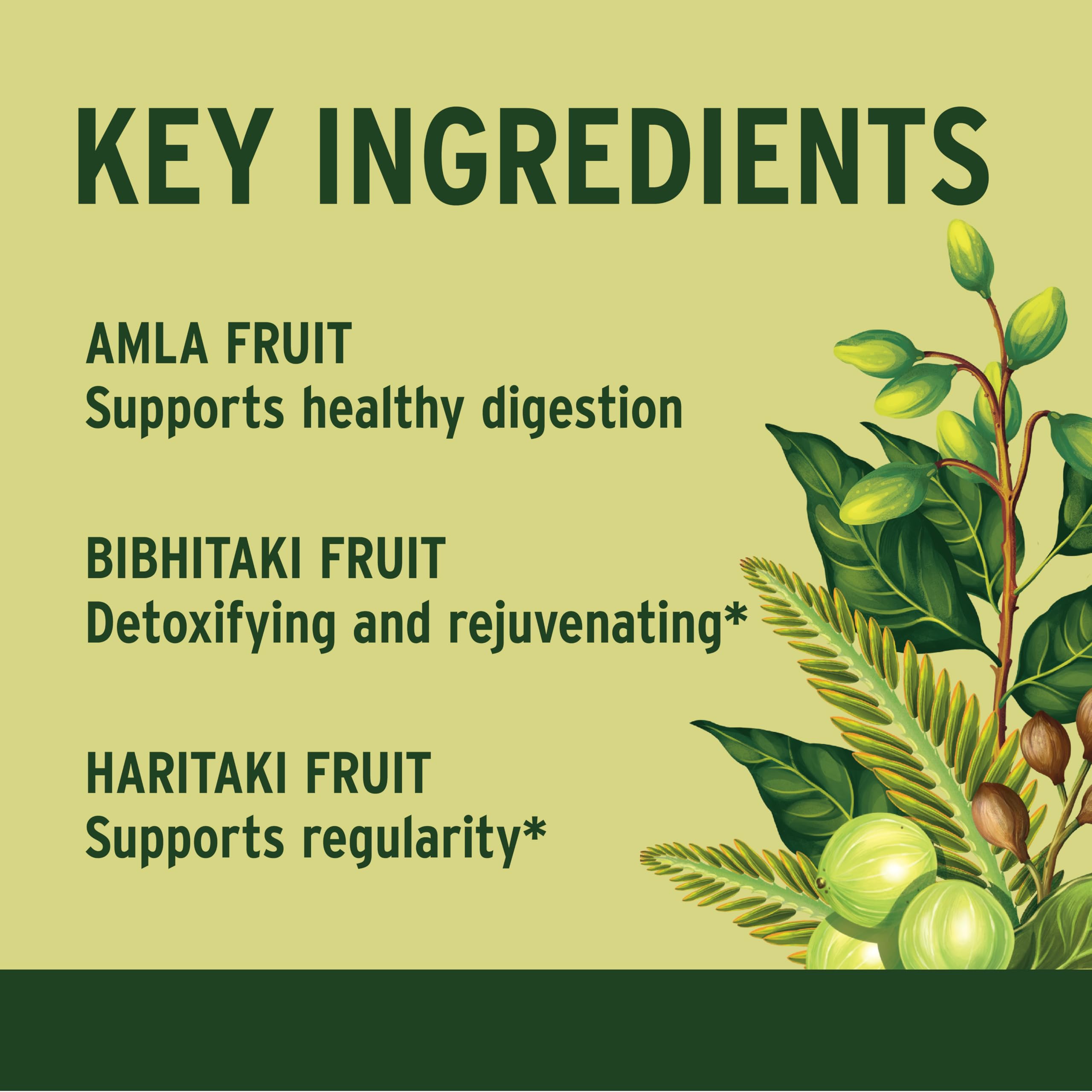 Ingredients list image showing Amla, Haritaki, Bibhitaki for balanced gut support.