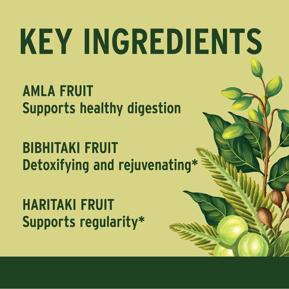 Ingredients list image showing Amla, Haritaki, Bibhitaki for balanced gut support.