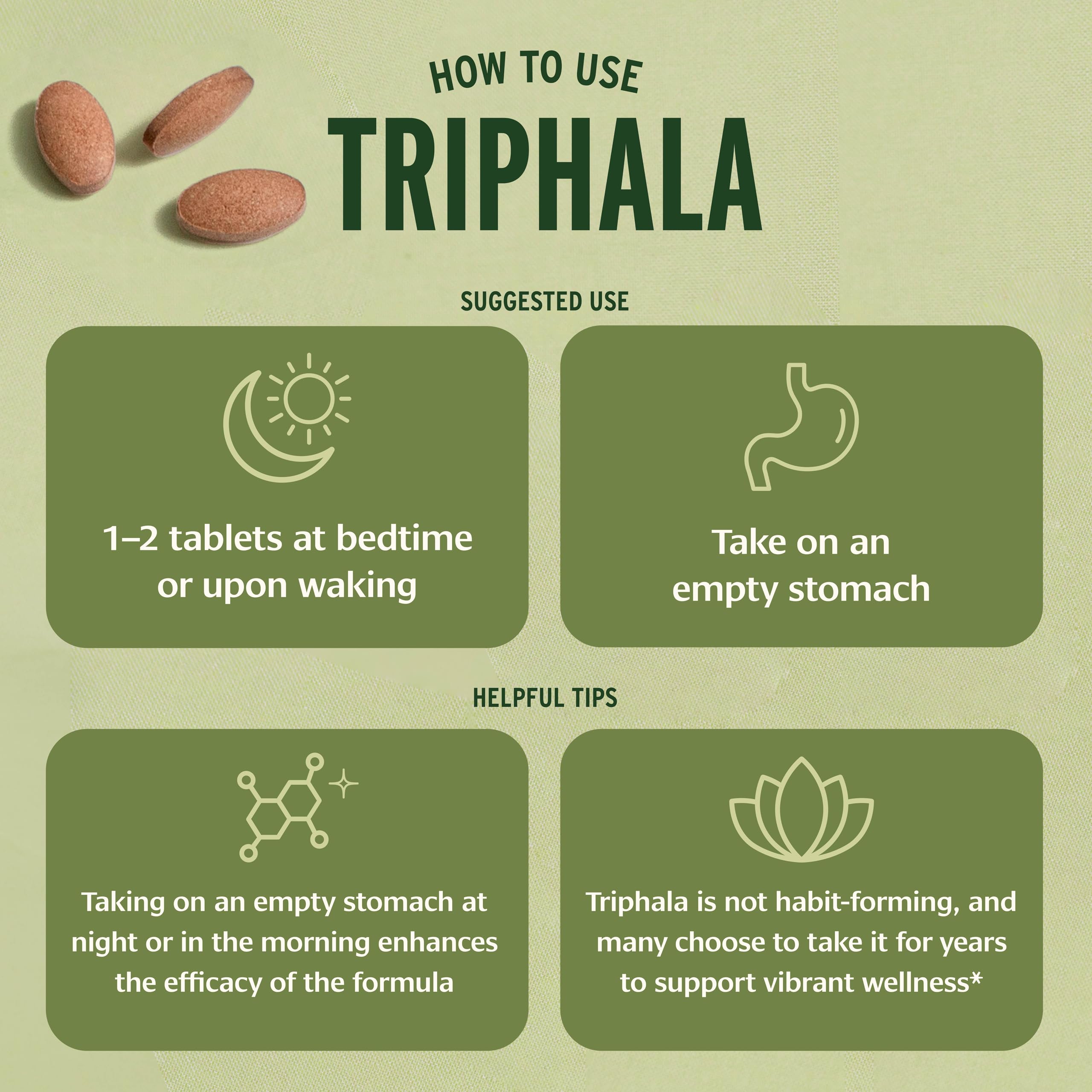Organic label on Triphala tablets emphasizing organic ingredients for clean daily wellness.