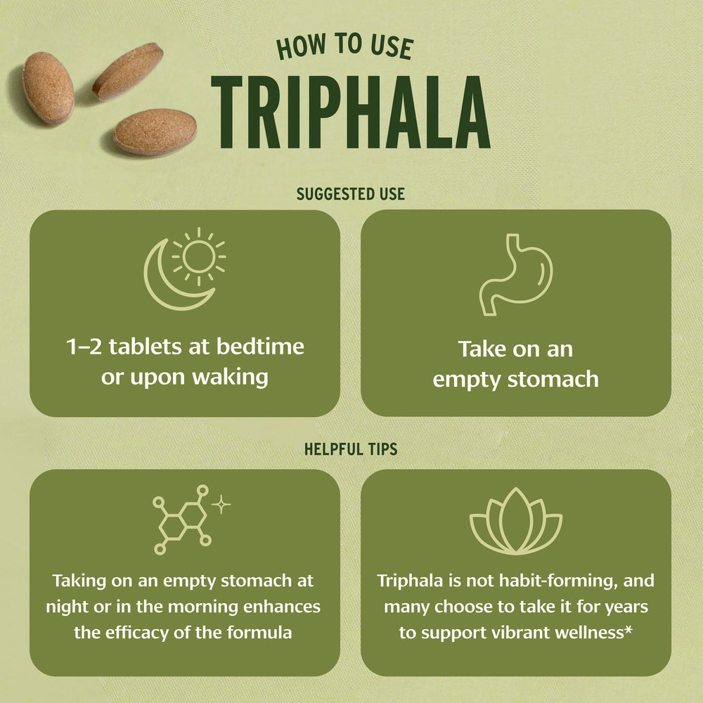 Organic label on Triphala tablets emphasizing organic ingredients for clean daily wellness.