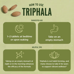 Organic label on Triphala tablets emphasizing organic ingredients for clean daily wellness.