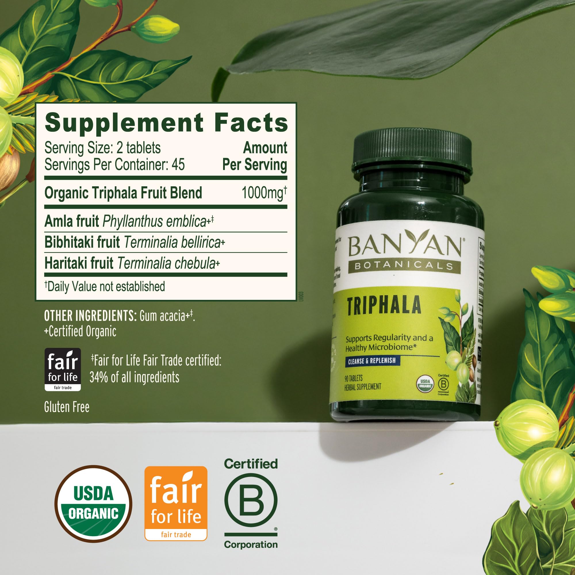 Banyan Botanicals Triphala tablets tablet pile suggests easy daily supplementation.