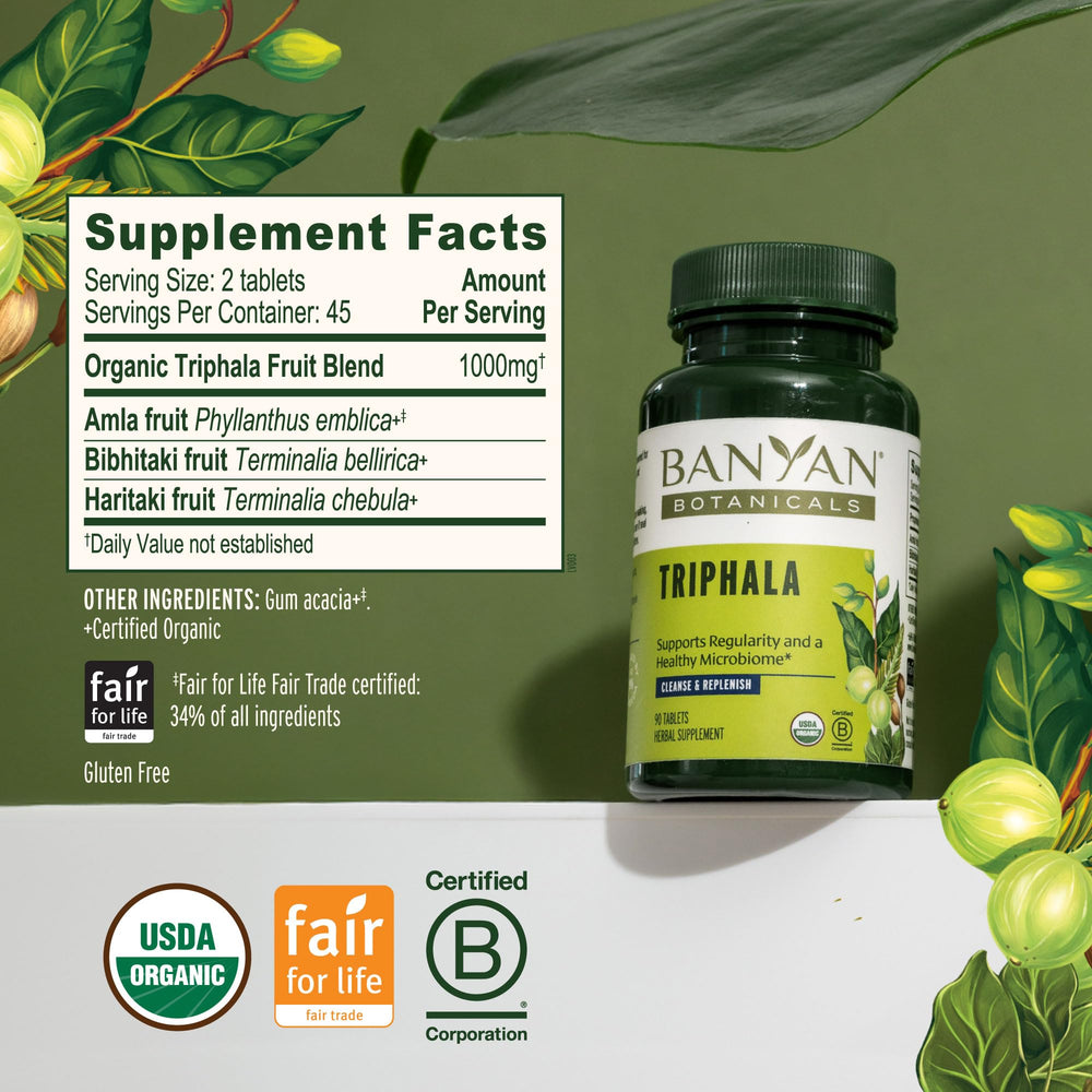 Banyan Botanicals Triphala tablets tablet pile suggests easy daily supplementation.