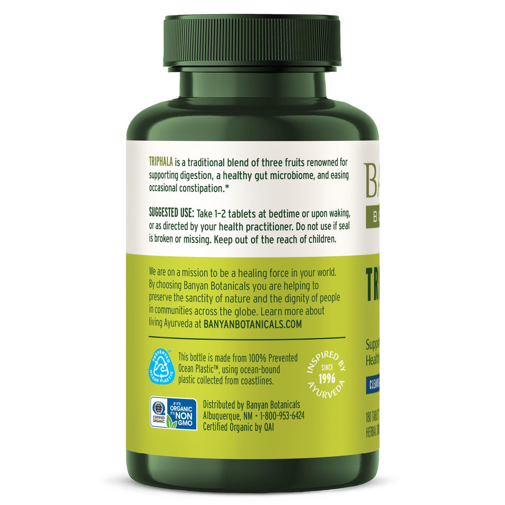 Third-party testing seal on Triphala tablets indicating purity and safety.