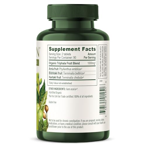 Vegan and non-GMO Banyan Triphala tablets label promoting ethical wellness.
